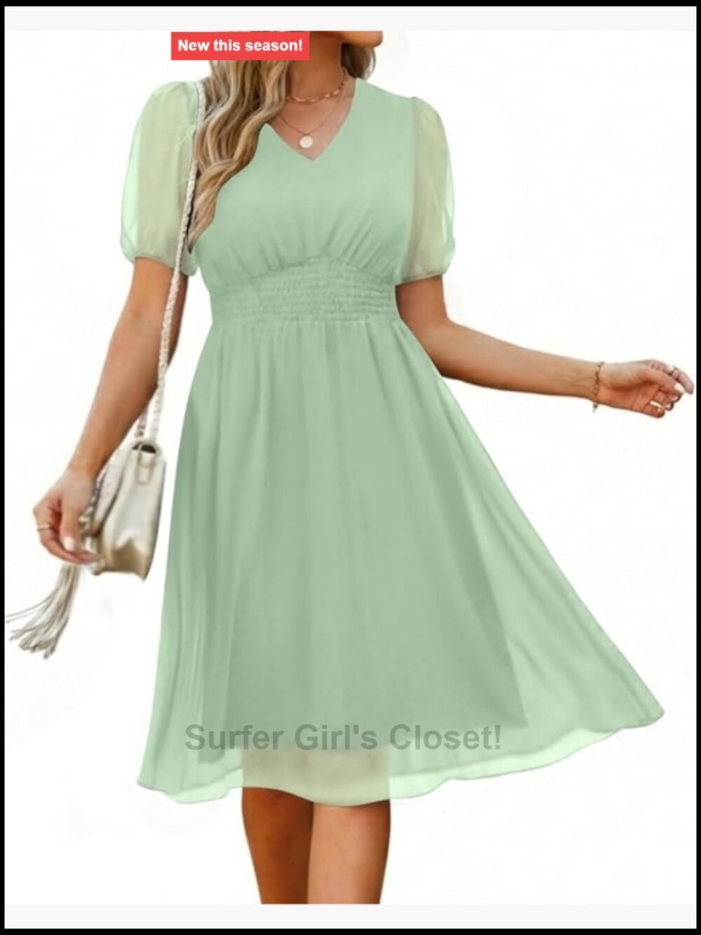 Chiffon V Neck Short Sleeve Knee Length Smocked Waist Summer Dress